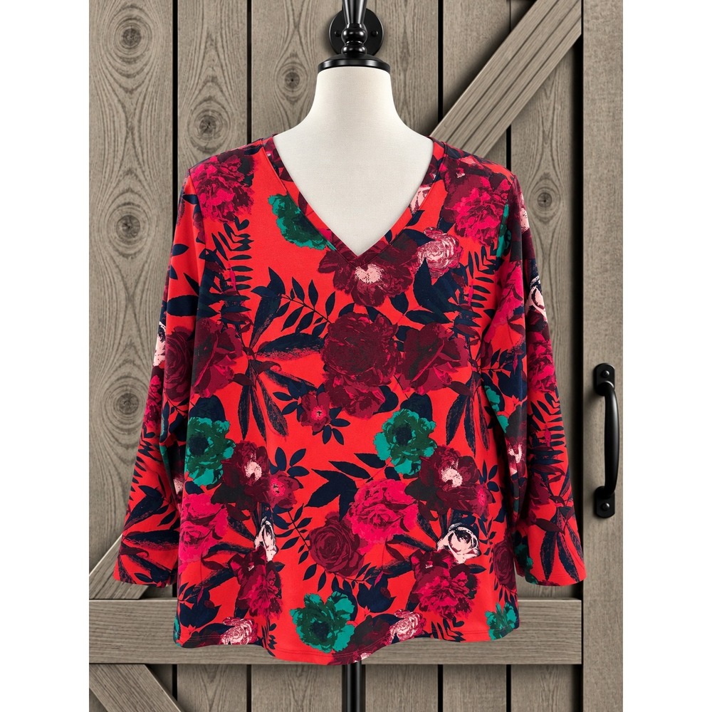 Denim & Co Brushed Heavenly Jersey Tunic Top 2X Red Floral V-Neck A367917